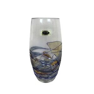 TGMG Romania Hand Made Art Glass Vase‎ Blue & Gold Modern Home Decor
